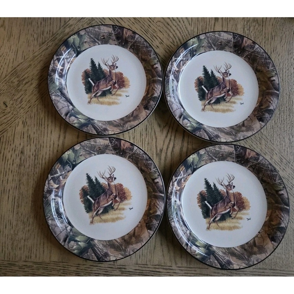 Al Agnew Real Tree Whitetail Deer Salad Plates Bass Pro Shop Hunter Set of 4